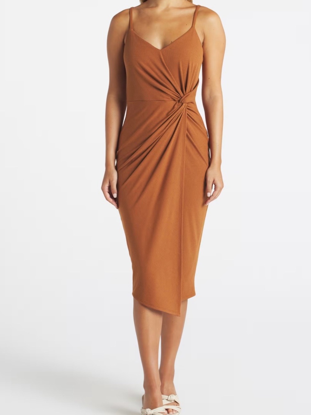 nine britton Rust Vivienne Knit Fitted Midi Dress with Twist-Knot, Size Small
